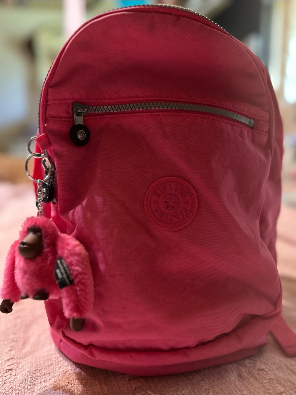Kipling Hot Pink Backpack with Plush Monkey Charm